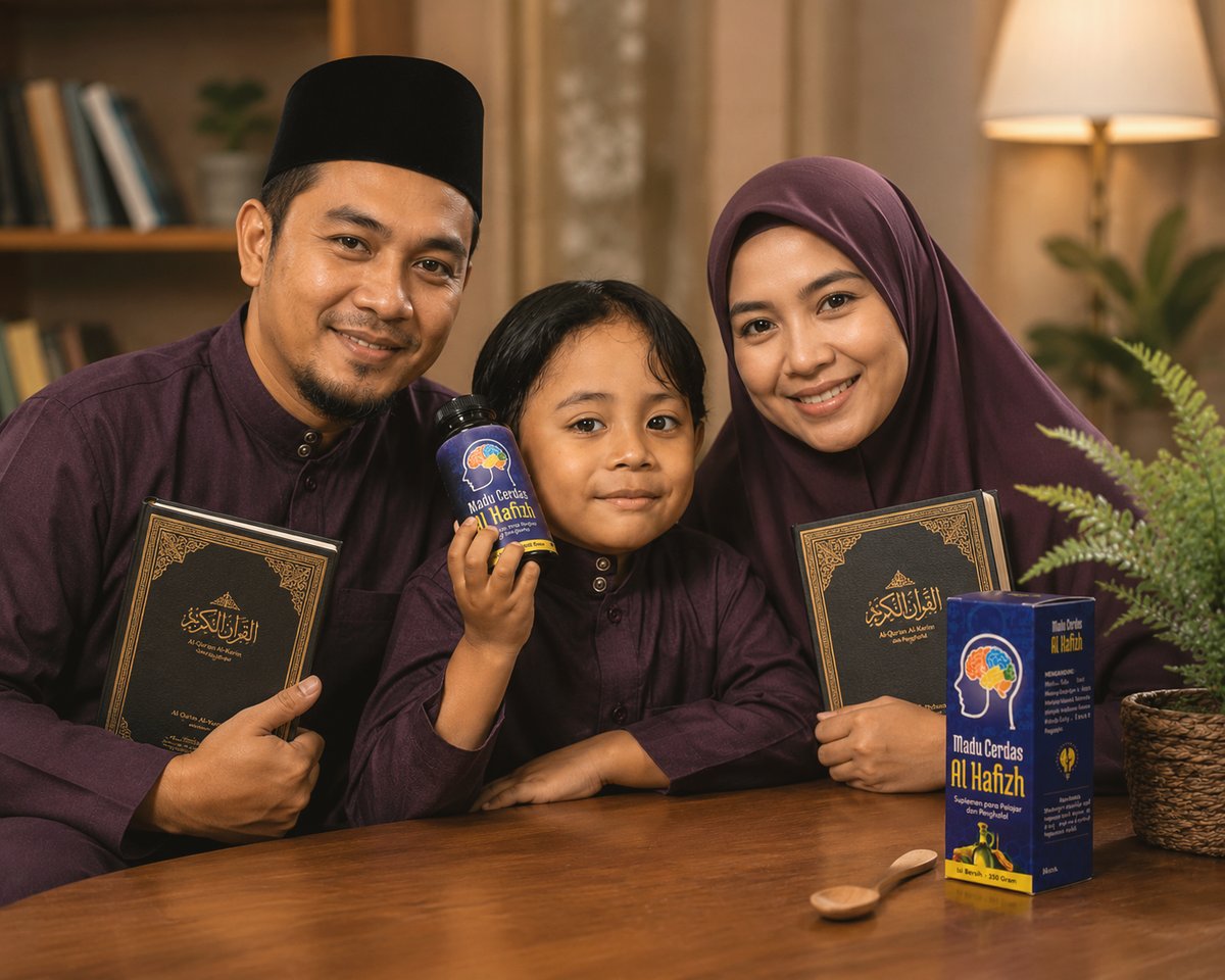 Keluarga muslim bersama Al-Qur'an dan Madu Cerdas Al Hafizh di ruang keluarga yang hangat